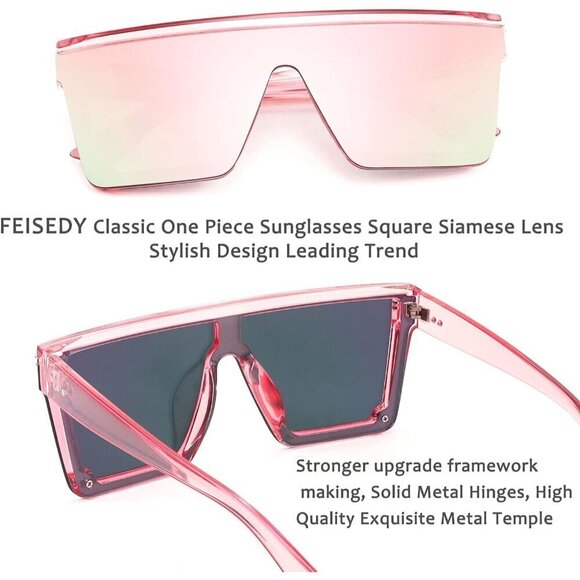 ❤️Women Pink FEISEDY Fashion Siamese Lens Sunglasses Men Succinct Style - Picture 7 of 9